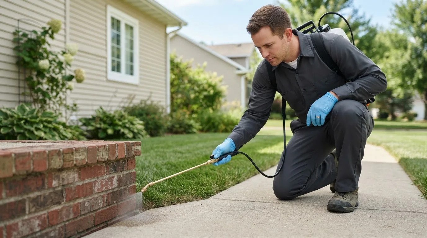 Pest control technician treating a home near Etoile, TX